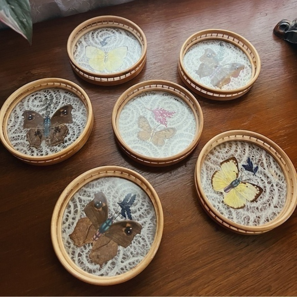 Vintage 1960s Bamboo Butterfly Coaster Set | Boho Home Decor
